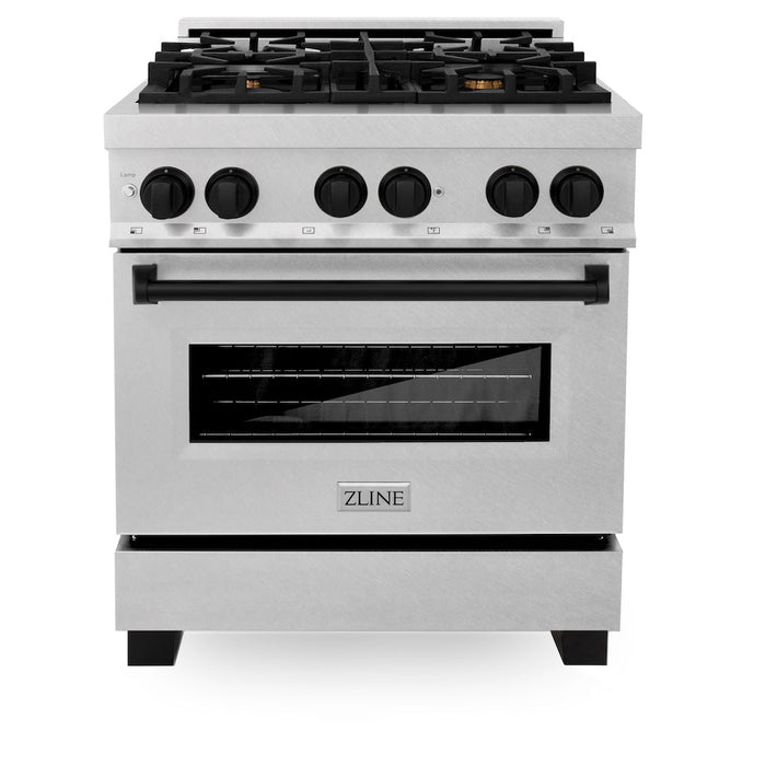 ZLINE Autograph Edition 30 in. 4.0 cu. ft. Legacy Dual Fuel Range with 4 Burner Gas Cooktop and Electric Convection Oven in DuraSnow® Stainless Steel and Matte Black Accents (RASZ-SN-30-MB)