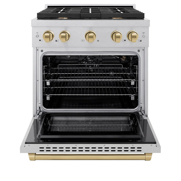 ZLINE Autograph 30" 4.2 cu. ft. Paramount Dual Fuel Range with 4 Burners in DuraSnow® Stainless Steel with Champagne Bronze Accents, SDRSZ-30-CB