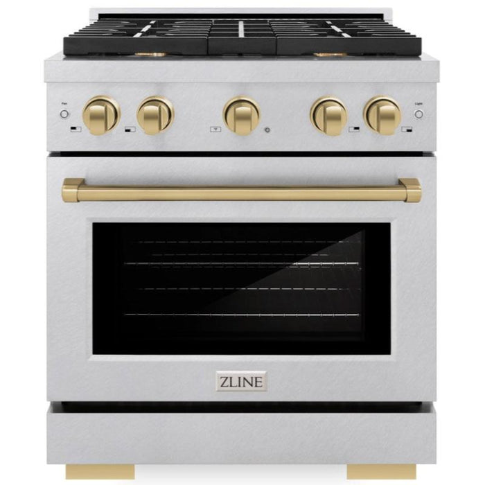 ZLINE Autograph 30" 4.2 cu. ft. Paramount Dual Fuel Range with 4 Burners in DuraSnow® Stainless Steel with Champagne Bronze Accents, SDRSZ-30-CB