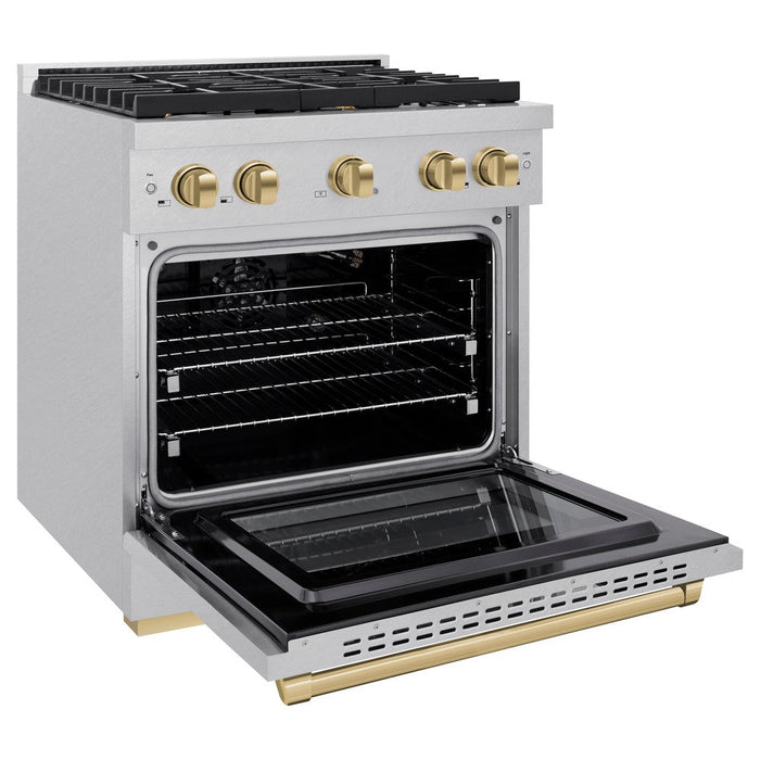 ZLINE Autograph 30" 4.2 cu. ft. Paramount Dual Fuel Range with 4 Burners in DuraSnow® Stainless Steel with Champagne Bronze Accents, SDRSZ-30-CB