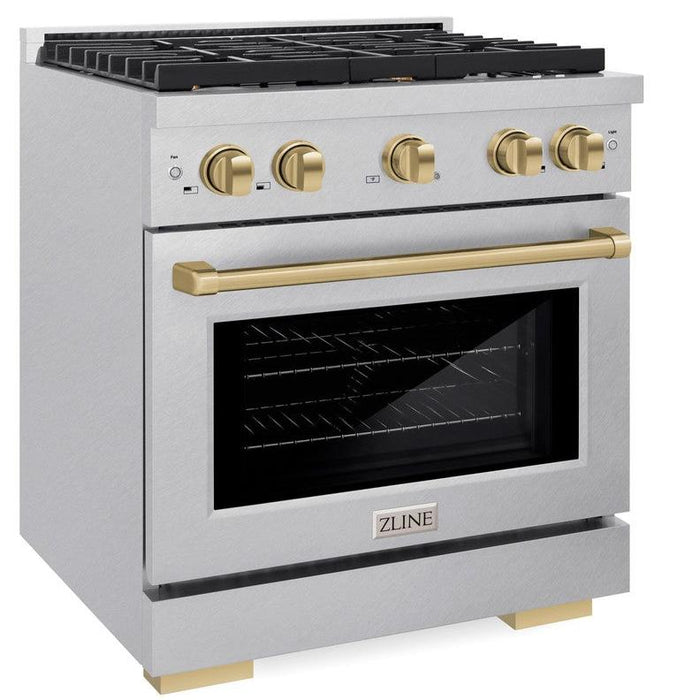 ZLINE Autograph 30" 4.2 cu. ft. Paramount Dual Fuel Range with 4 Burners in DuraSnow® Stainless Steel with Champagne Bronze Accents, SDRSZ-30-CB