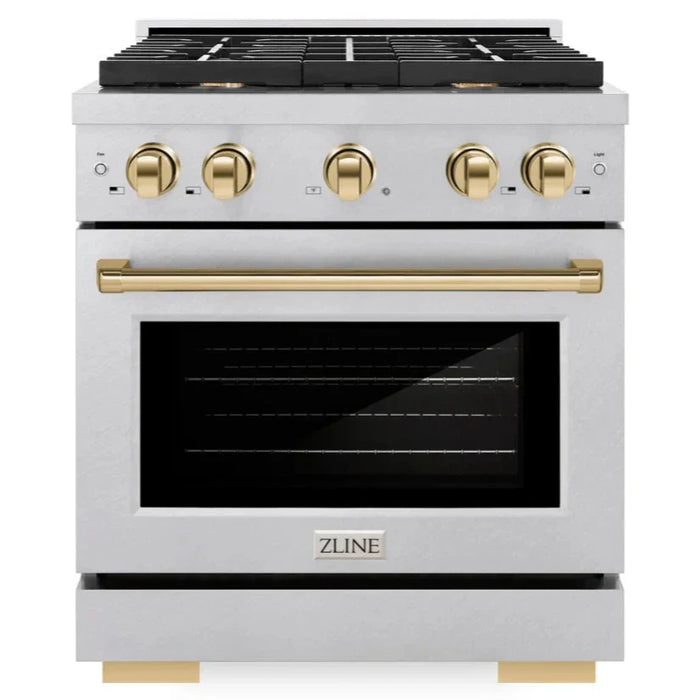 ZLINE Autograph 30" 4.2 cu. ft. Paramount Dual Fuel Range with 4 Burners in DuraSnow® Stainless Steel with Polished Gold Accents, SDRSZ-30-G