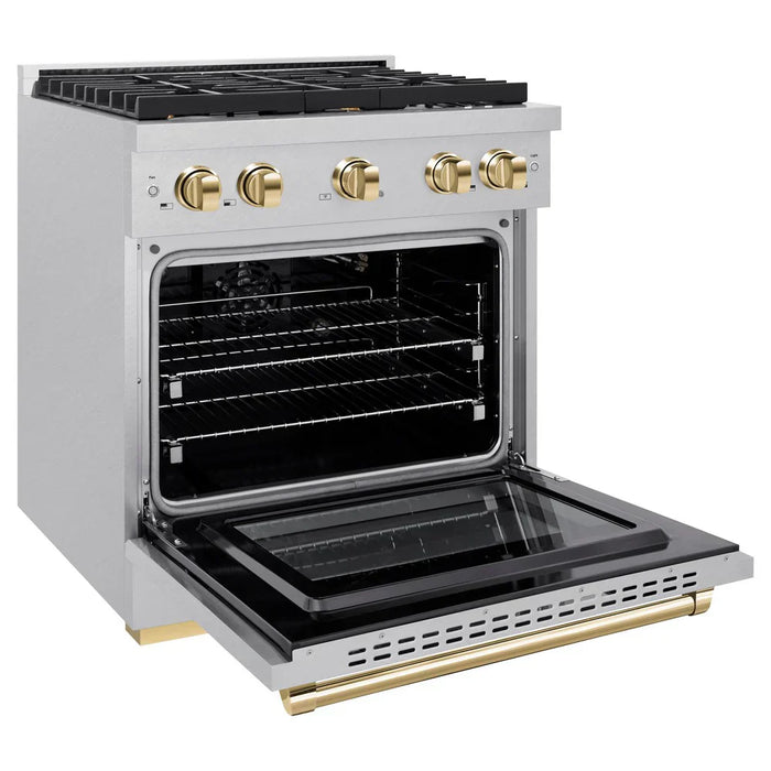 ZLINE Autograph 30" 4.2 cu. ft. Paramount Dual Fuel Range with 4 Burners in DuraSnow® Stainless Steel with Polished Gold Accents, SDRSZ-30-G