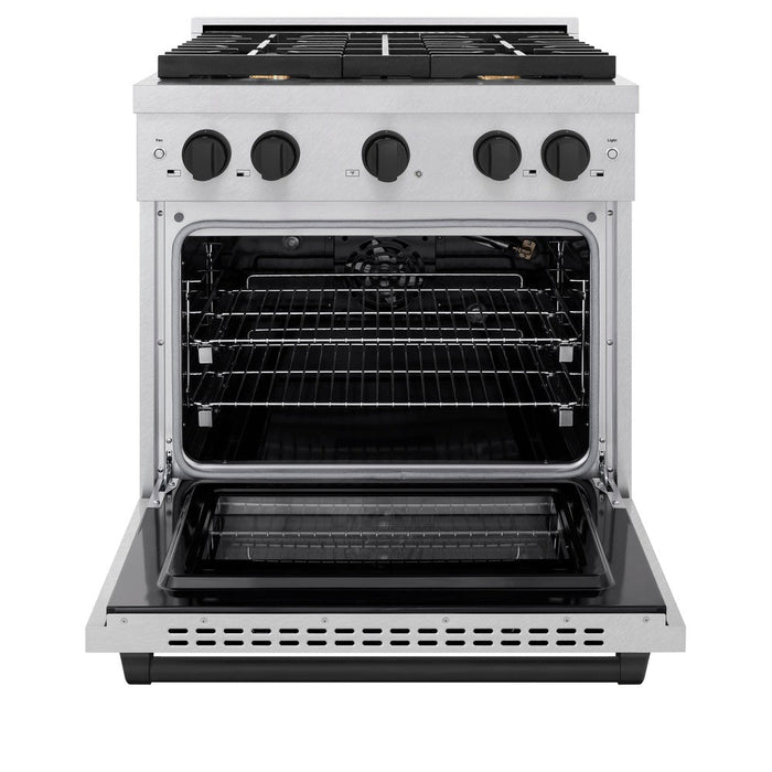 ZLINE Autograph 30" 4.2 cu. ft. Paramount Dual Fuel Range with 4 Burners in DuraSnow® Stainless Steel with Matte Black Accents, SDRSZ-30-MB