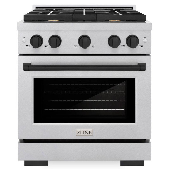 ZLINE Autograph 30" 4.2 cu. ft. Paramount Dual Fuel Range with 4 Burners in DuraSnow® Stainless Steel with Matte Black Accents, SDRSZ-30-MB