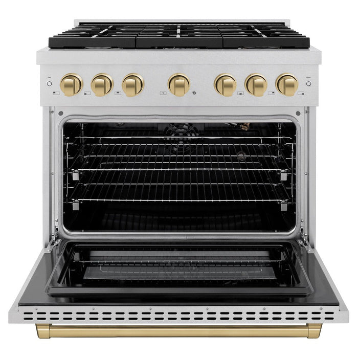 ZLINE Autograph 36" 5.2 cu. ft. Paramount Dual Fuel Range with 6 Burners in DuraSnow® Stainless Steel with Champagne Bronze Accents, SDRSZ-36-CB