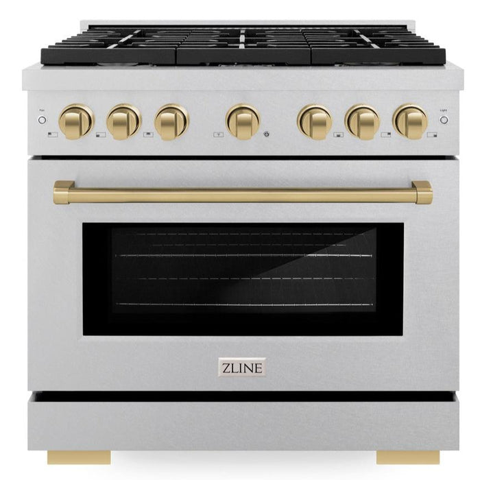 ZLINE Autograph 36" 5.2 cu. ft. Paramount Dual Fuel Range with 6 Burners in DuraSnow® Stainless Steel with Champagne Bronze Accents, SDRSZ-36-CB