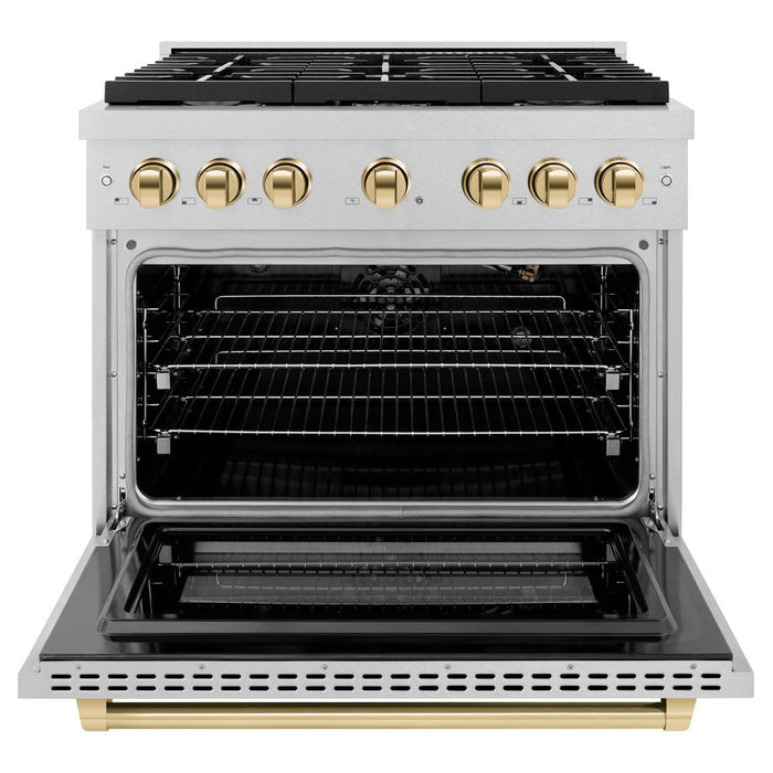 ZLINE Autograph 36" 5.2 cu. ft. Paramount Dual Fuel Range with 6 Burners in DuraSnow® Stainless Steel with Polished Gold Accents, SDRSZ-36-G