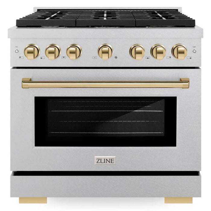 ZLINE Autograph 36" 5.2 cu. ft. Paramount Dual Fuel Range with 6 Burners in DuraSnow® Stainless Steel with Polished Gold Accents, SDRSZ-36-G