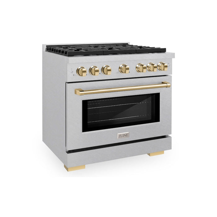 ZLINE Autograph Edition 36 in. 5.2 cu. ft. Paramount Dual Fuel Range with 6 Burner Gas Cooktop and Electric Convection Oven in DuraSnow® Stainless Steel with Polished Gold Accents (SDRSZ-36-G)