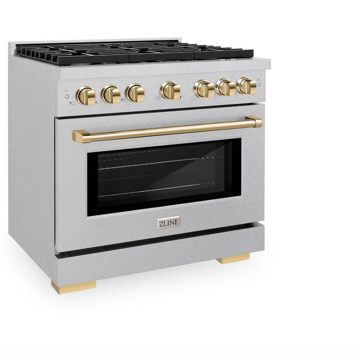 ZLINE Autograph 36" 5.2 cu. ft. Paramount Dual Fuel Range with 6 Burners in DuraSnow® Stainless Steel with Polished Gold Accents, SDRSZ-36-G