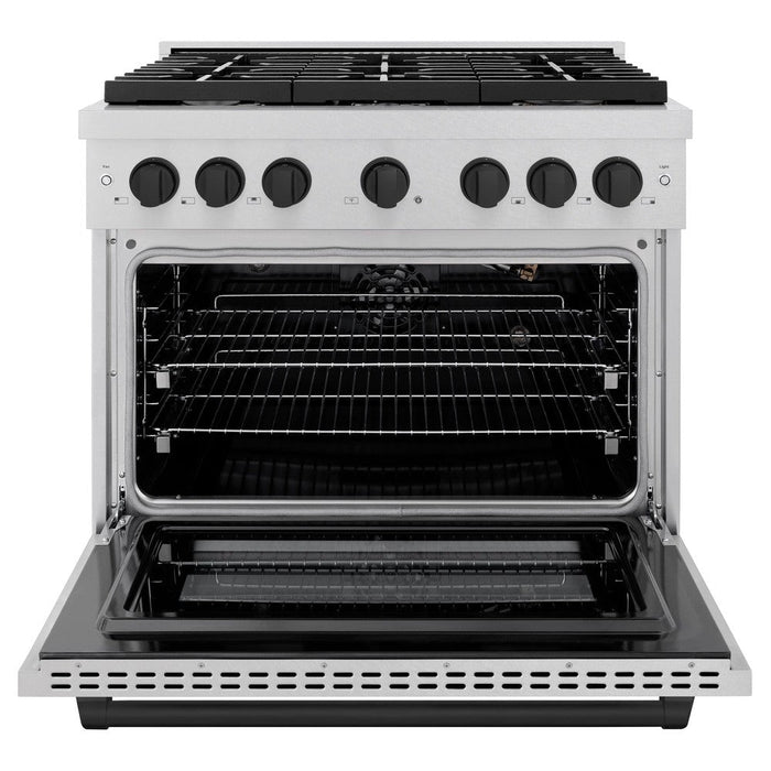 ZLINE Autograph 36" 5.2 cu. ft. Paramount Dual Fuel Range with 6 Burners in DuraSnow® Stainless Steel with Matte Black Accents, SDRSZ-36-MB