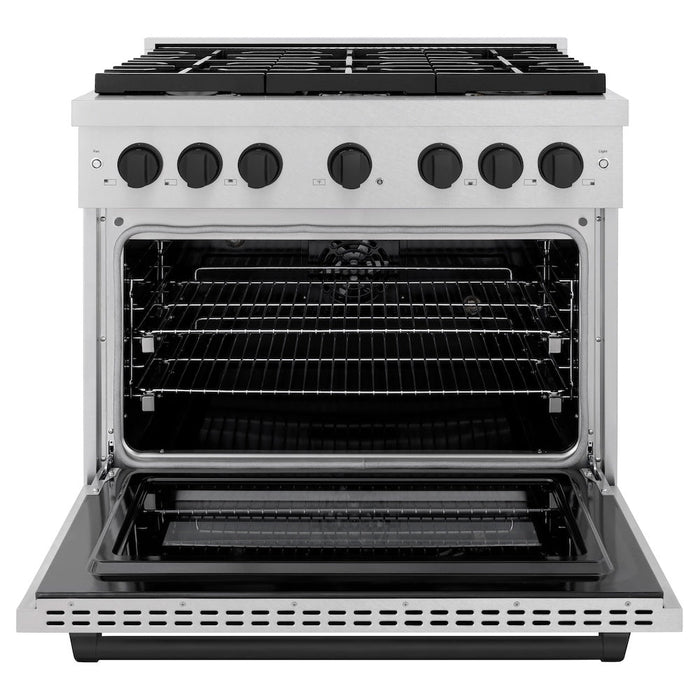 ZLINE Autograph Edition 36 in. 5.2 cu. ft. Paramount Dual Fuel Range with 6 Burner Gas Cooktop and Electric Convection Oven in DuraSnow® Stainless Steel with Matte Black Accents (SDRSZ-36-MB)