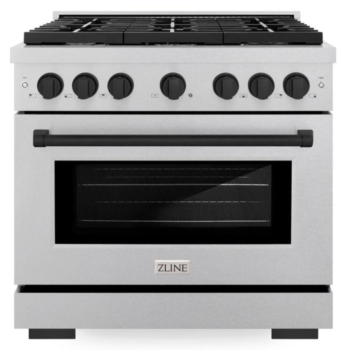 ZLINE Autograph 36" 5.2 cu. ft. Paramount Dual Fuel Range with 6 Burners in DuraSnow® Stainless Steel with Matte Black Accents, SDRSZ-36-MB