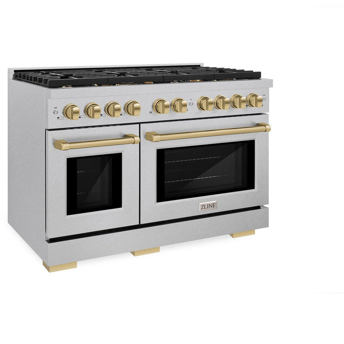 ZLINE Autograph 48" 6.7 cu. ft. Paramount Double Oven Dual Fuel Range with 8 Burners in DuraSnow® Stainless Steel and Champagne Bronze Accents, SDRSZ-48-CB