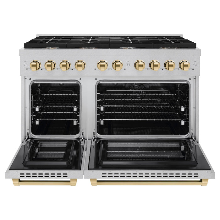 ZLINE Autograph Edition 48 in. 6.7 cu. ft. Paramount Double Oven Dual Fuel Range with 8 Burner Gas Cooktop in DuraSnow® Stainless Steel and Polished Gold Accents (SDRSZ-48-G)