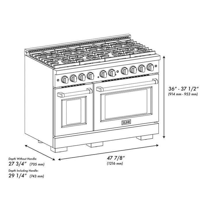 ZLINE Autograph 48" 6.7 cu. ft. Paramount Double Oven Dual Fuel Range with 8 Burners in DuraSnow® Stainless Steel and Matte Black Accents, SDRSZ-48-MB