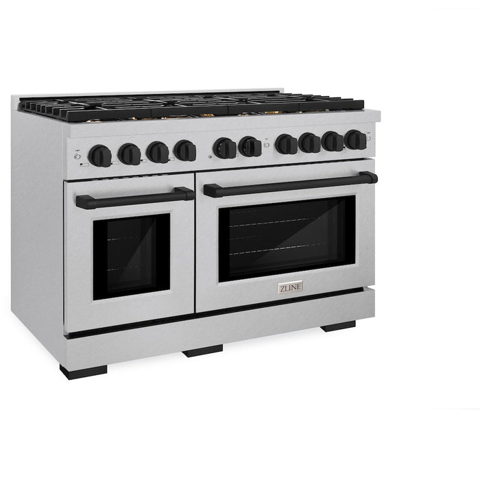 ZLINE Autograph Edition 48 in. 6.7 cu. ft. Paramount Double Oven Dual Fuel Range with 8 Burner Gas Cooktop in DuraSnow® Stainless Steel and Matte Black Accents (SDRSZ-48-MB)