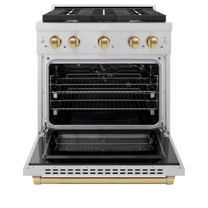 ZLINE Autograph Edition 30 in. 4.2 cu. ft. Paramount Gas Range with 4 Burner Cooktop and Convection Gas Oven in DuraSnow® Stainless Steel and Champagne Bronze Accents (SGRSZ-30-CB)