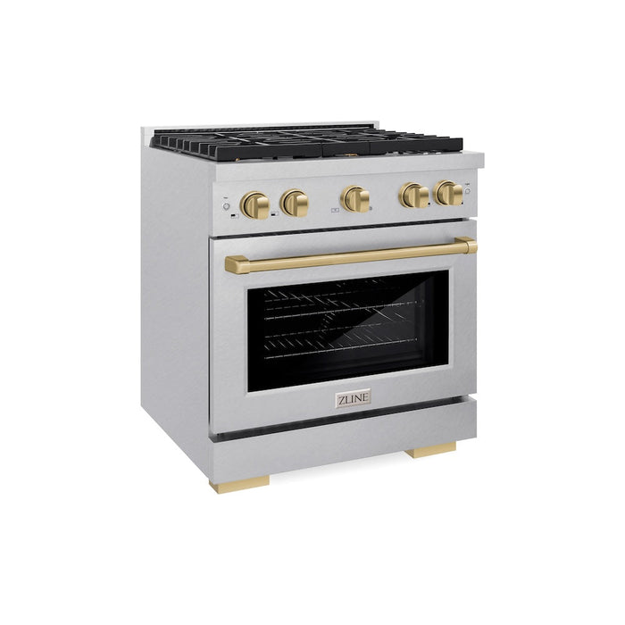 ZLINE Autograph Edition 30 in. 4.2 cu. ft. Paramount Gas Range with 4 Burner Cooktop and Convection Gas Oven in DuraSnow® Stainless Steel and Champagne Bronze Accents (SGRSZ-30-CB)