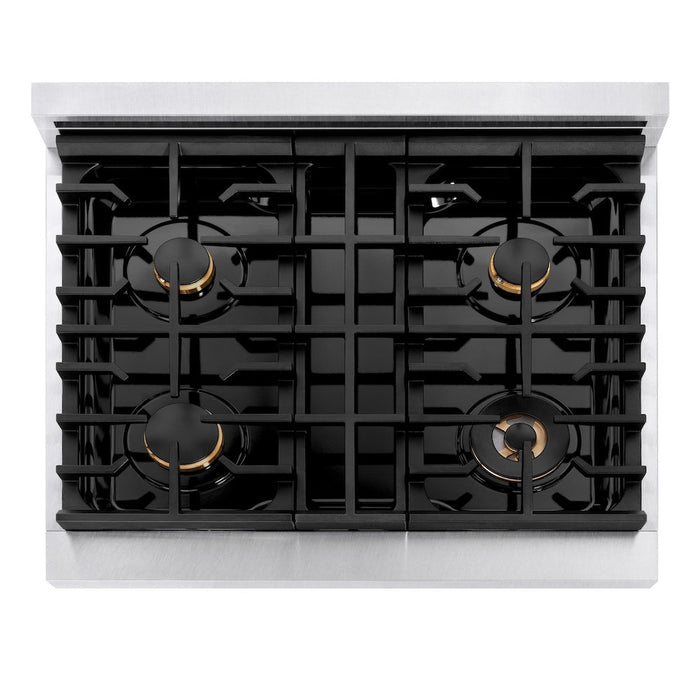 ZLINE Autograph Edition 30 in. 4.2 cu. ft. Paramount Gas Range with 4 Burner Cooktop and Convection Gas Oven in DuraSnow® Stainless Steel and Champagne Bronze Accents (SGRSZ-30-CB)