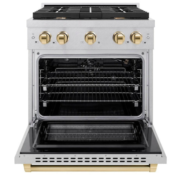 ZLINE Autograph 30" 4.2 cu. ft. Paramount Gas Range with Convection Gas Oven in DuraSnow® Stainless Steel and Gold Accents, SGRSZ-30-G