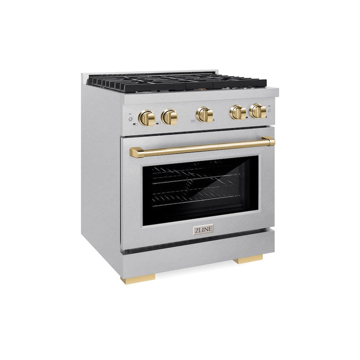 ZLINE Autograph Edition 30 in. 4.2 cu. ft. Paramount Gas Range with 4 Burner Cooktop and Convection Gas Oven in DuraSnow® Stainless Steel and Polished Gold Accents (SGRSZ-30-G)