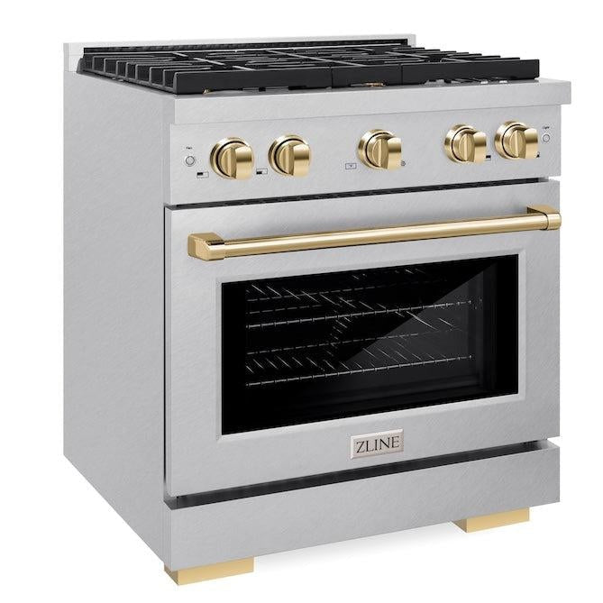 ZLINE Autograph 30" 4.2 cu. ft. Paramount Gas Range with Convection Gas Oven in DuraSnow® Stainless Steel and Gold Accents, SGRSZ-30-G