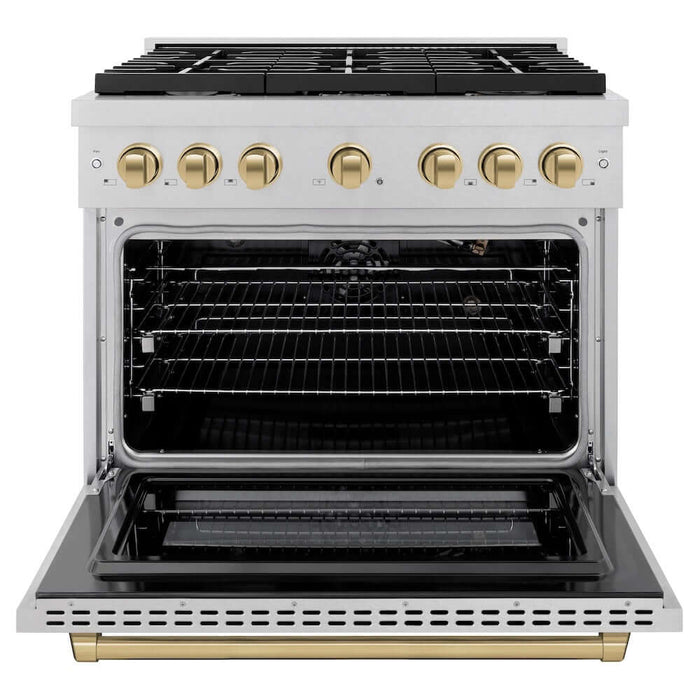 ZLINE Autograph Edition 36 in. 5.2 cu. ft. Paramount Gas Range with 6 Burner Cooktop and Convection Gas Oven in DuraSnow® Stainless Steel and Champagne Bronze Accents (SGRSZ-36-CB)