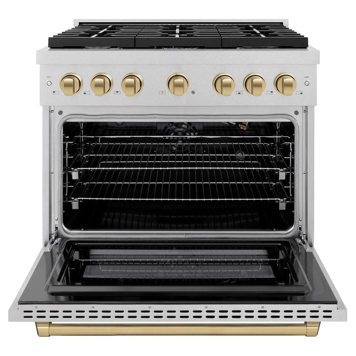 ZLINE Autograph 36" 5.2 cu. ft. Paramount Gas Range with Convection Gas Oven in DuraSnow® Stainless Steel and Bronze Accents, SGRSZ-36-CB