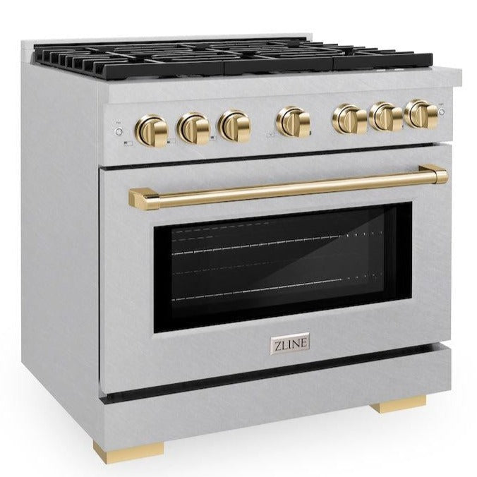 ZLINE Autograph 36" 5.2 cu. ft. Paramount Gas Range with Convection Gas Oven in DuraSnow® Stainless Steel and Gold Accents, SGRSZ-36-G