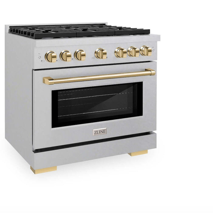 ZLINE Autograph Edition 36 in. 5.2 cu. ft. Paramount Gas Range with 6 Burner Cooktop and Convection Gas Oven in DuraSnow® Stainless Steel and Polished Gold Accents (SGRSZ-36-G)