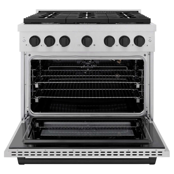 ZLINE Autograph Edition 36 in. 5.2 cu. ft. Paramount Gas Range with 6 Burner Cooktop and Convection Gas Oven in DuraSnow® Stainless Steel and Matte Black Accents (SGRSZ-36-MB)