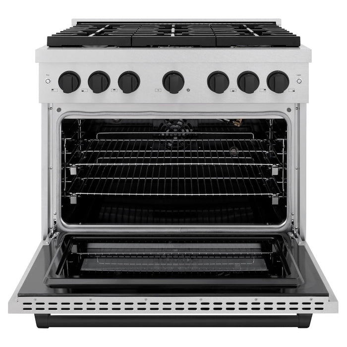 ZLINE Autograph 36" 5.2 cu. ft. Paramount Gas Range with Convection Gas Oven in DuraSnow® Stainless Steel and Matte Black Accents, SGRSZ-36-MB