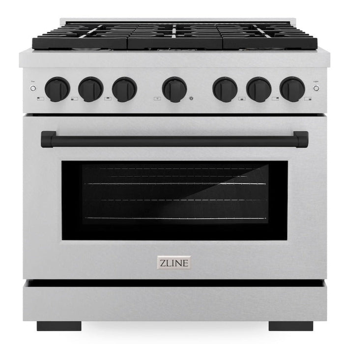 ZLINE Autograph 36" 5.2 cu. ft. Paramount Gas Range with Convection Gas Oven in DuraSnow® Stainless Steel and Matte Black Accents, SGRSZ-36-MB