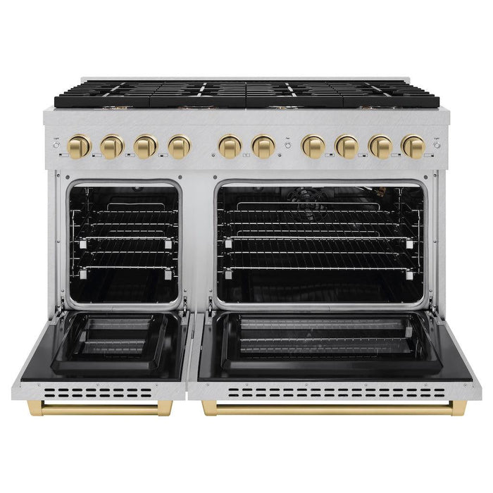 ZLINE Autograph 48" 6.7 cu. ft. Paramount Double Oven Gas Range in DuraSnow® Stainless Steel and Bronze Accents, SGRSZ-48-CB