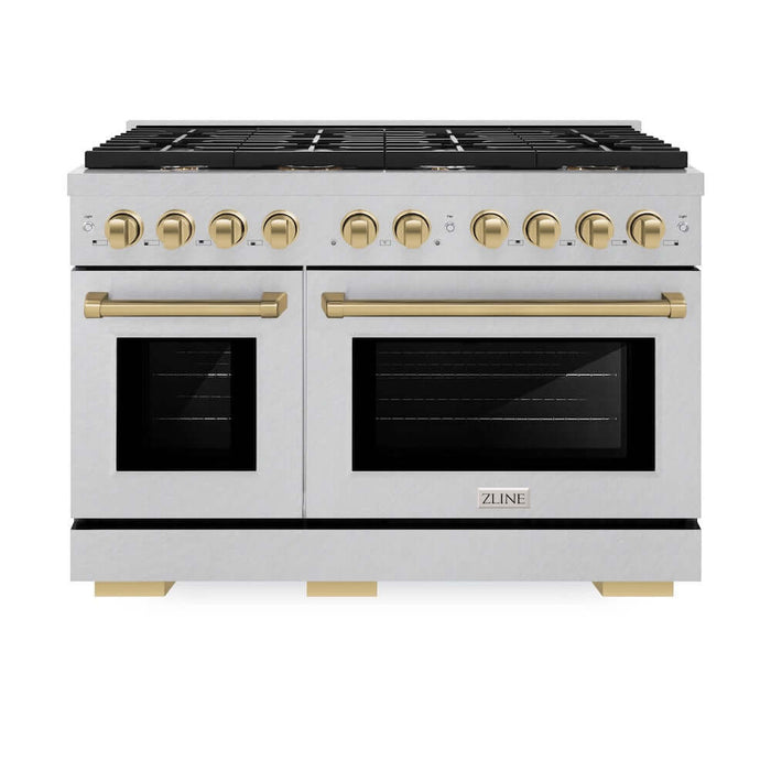 ZLINE Autograph Edition 48 in. 6.7 cu. ft. Paramount Double Oven Gas Range with 8 Burner Cooktop in DuraSnow® Stainless Steel and Champagne Bronze Accents (SGRSZ-48-CB)