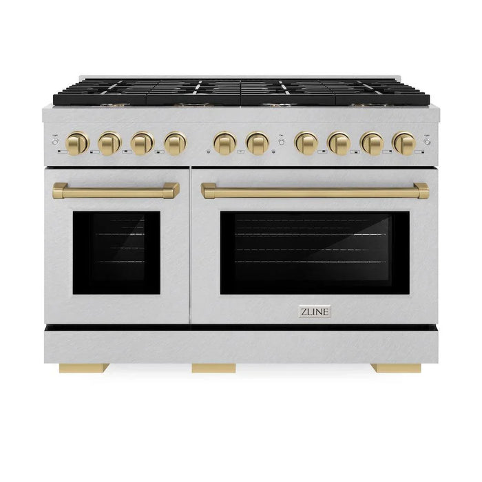 ZLINE Autograph Package - 48 In. Gas Range and Range Hood in DuraSnow® Stainless Steel with Champagne Bronze Accents, 2AKPR-RGSRH48-CB