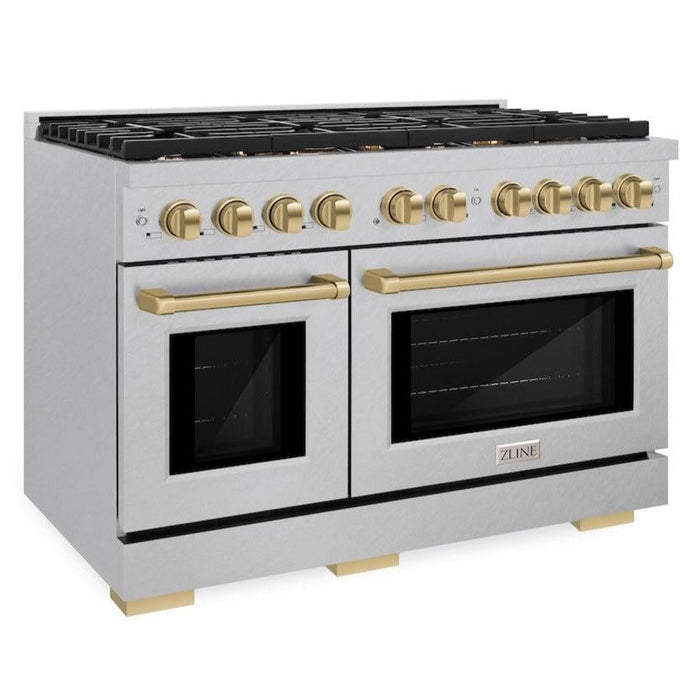 ZLINE Autograph 48" 6.7 cu. ft. Paramount Double Oven Gas Range in DuraSnow® Stainless Steel and Bronze Accents, SGRSZ-48-CB