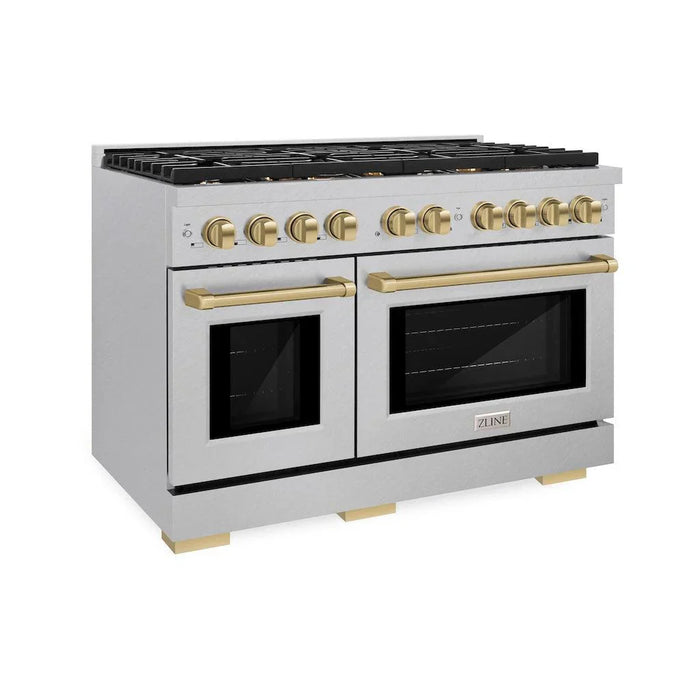 ZLINE Autograph Package - 48 In. Gas Range and Range Hood in DuraSnow® Stainless Steel with Champagne Bronze Accents, 2AKPR-RGSRH48-CB