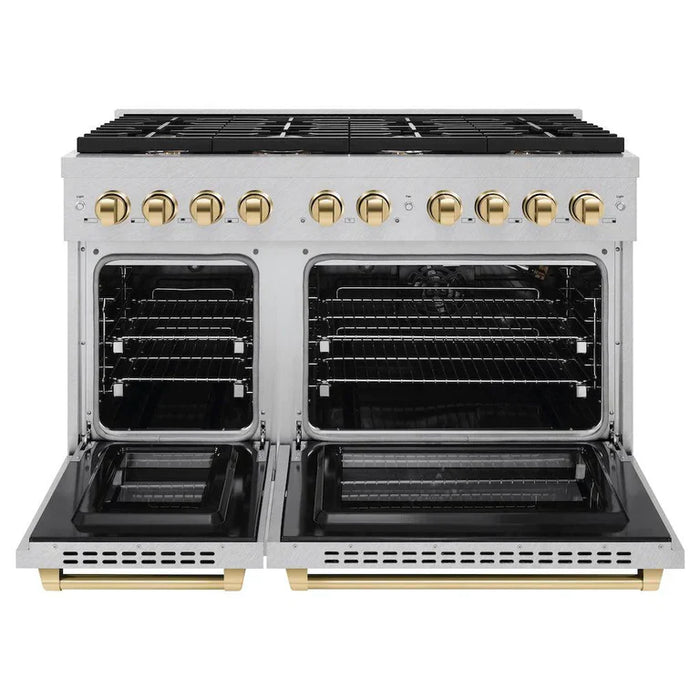 ZLINE Autograph Package - 48 In. Gas Range and Range Hood in DuraSnow® Stainless Steel with Gold Accents, 2AKPR-RGSRH48-G