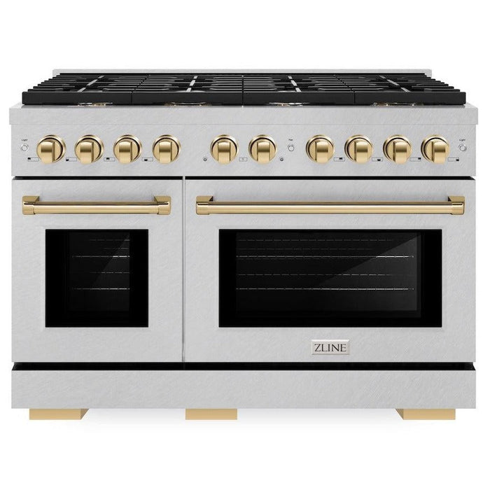 ZLINE Autograph 48" 6.7 cu. ft. Paramount Double Oven Gas Range in DuraSnow® Stainless Steel and Gold Accents, SGRSZ-48-G