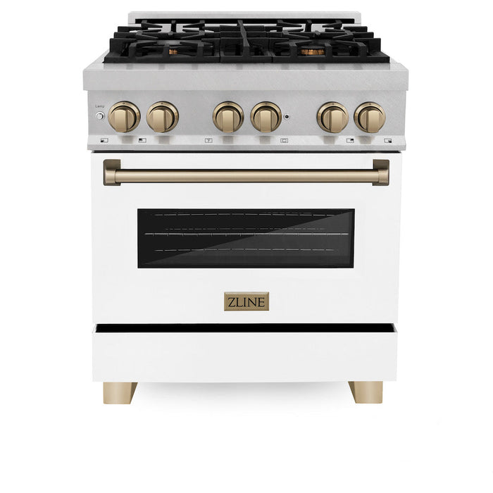 ZLINE Autograph Edition 30 in. 4.0 cu. ft. Legacy Dual Fuel Range with 4 Burner Gas Cooktop and Electric Convection Oven in DuraSnow® Stainless Steel with White Matte Door and Champagne Bronze Accents (RASZ-WM-30-CB)