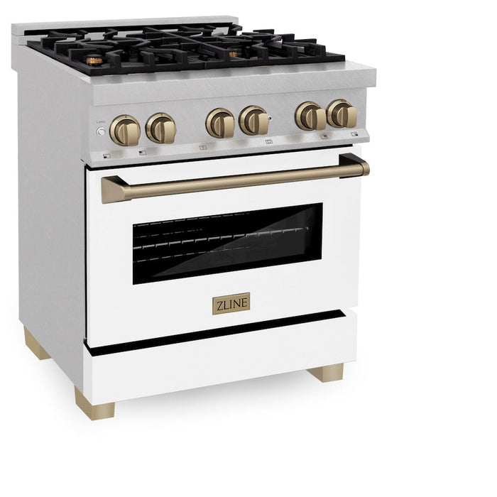 ZLINE Autograph Edition 30 in. 4.0 cu. ft. Legacy Dual Fuel Range with 4 Burner Gas Cooktop and Electric Convection Oven in DuraSnow® Stainless Steel with White Matte Door and Champagne Bronze Accents (RASZ-WM-30-CB)