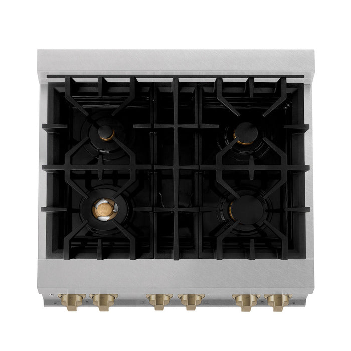 ZLINE Autograph Edition 30 in. 4.0 cu. ft. Legacy Dual Fuel Range with 4 Burner Gas Cooktop and Electric Convection Oven in DuraSnow® Stainless Steel with White Matte Door and Champagne Bronze Accents (RASZ-WM-30-CB)