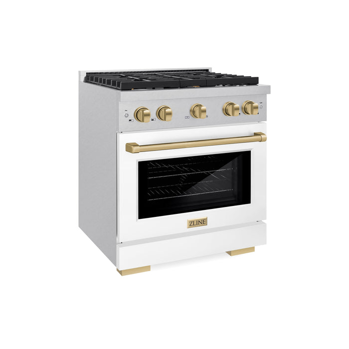 ZLINE Autograph 30" 4.2 cu. ft. Paramount Dual Fuel Range with 4 Burners in DuraSnow® with White Matte Door and Champagne Bronze Accents, SDRSZ-WM-30-CB