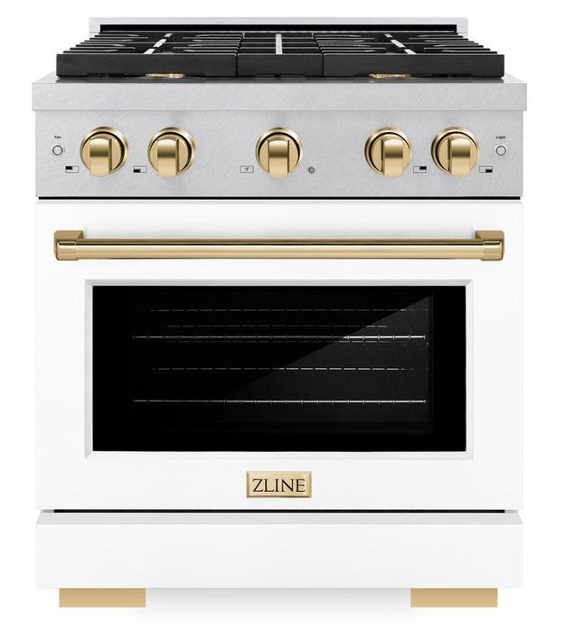 ZLINE Autograph 30" 4.2 cu. ft. Paramount Dual Fuel Range with 4 Burners in DuraSnow® with White Matte Door and Polished Gold Accents, SDRSZ-WM-30-G