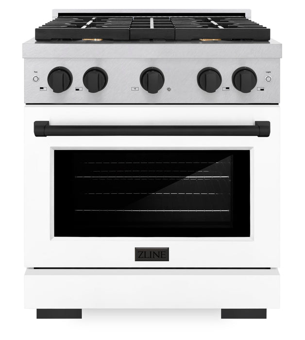 ZLINE Autograph 30" 4.2 cu. ft. Paramount Dual Fuel Range with 4 Burners in DuraSnow® with White Matte Door and Matte Black Accents, SDRSZ-WM-30-MB