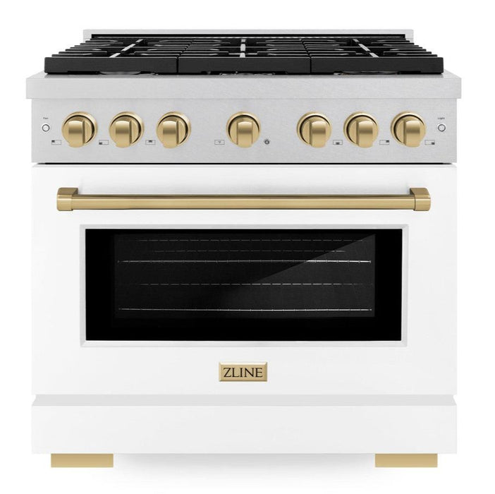 ZLINE Autograph 36" 5.2 cu. ft. Paramount Dual Fuel Range with 6 Burners in DuraSnow® with White Matte Door and Champagne Bronze Accents, SDRSZ-WM-36-CB