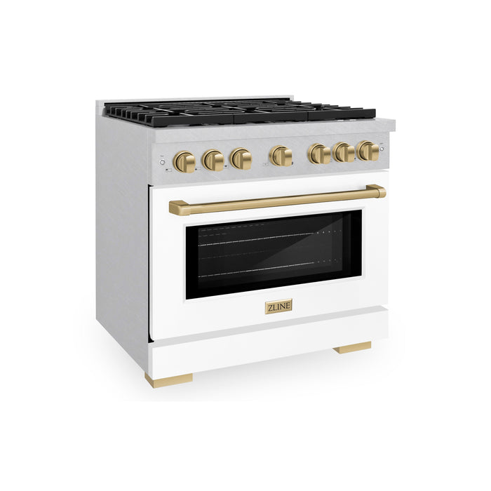 ZLINE Autograph 36" 5.2 cu. ft. Paramount Dual Fuel Range with 6 Burners in DuraSnow® with White Matte Door and Champagne Bronze Accents, SDRSZ-WM-36-CB